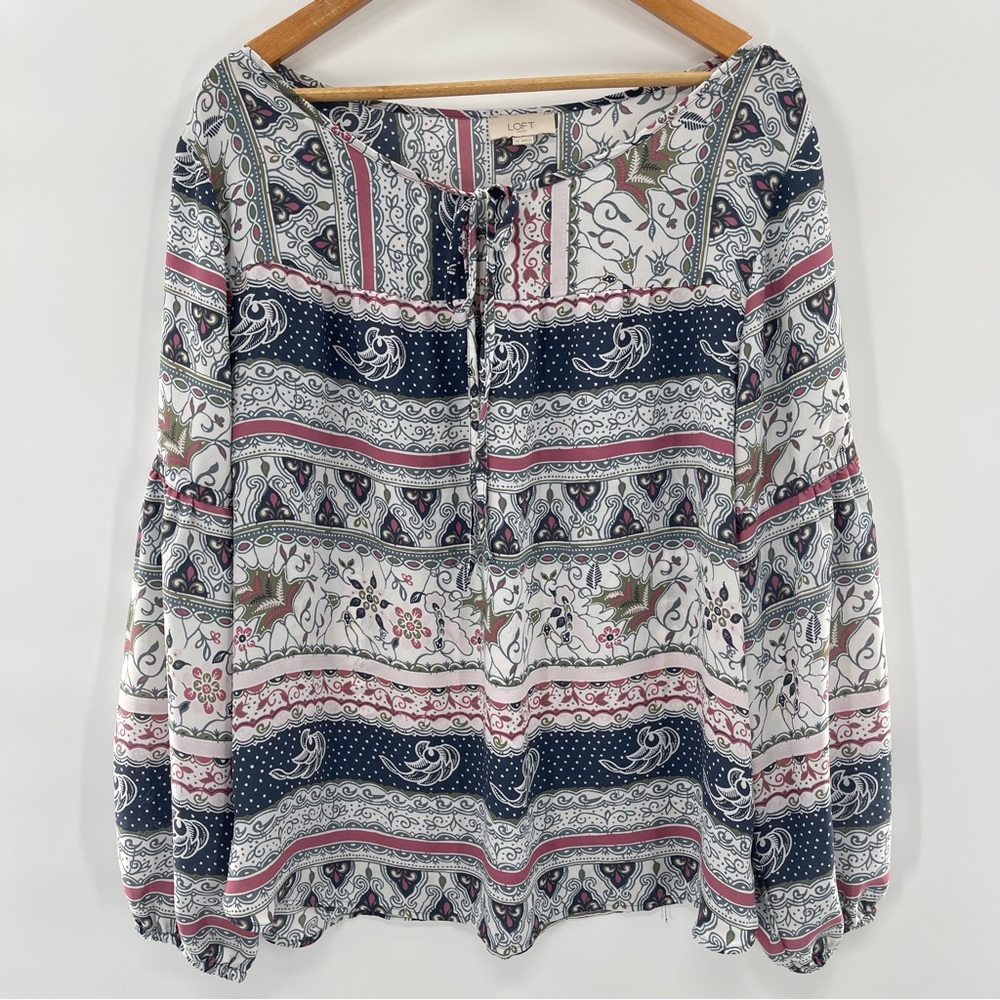 Loft Long Sleeve Scandinavian Print Tie Front Tunic Blouse Size XL